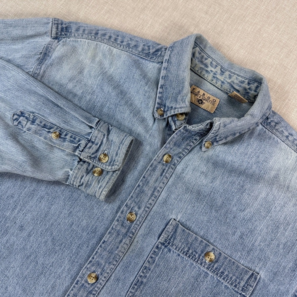 Fargo Shirt Mens M Blue Denim Button Down Long Sleeve Mining & Supply Co EUC
